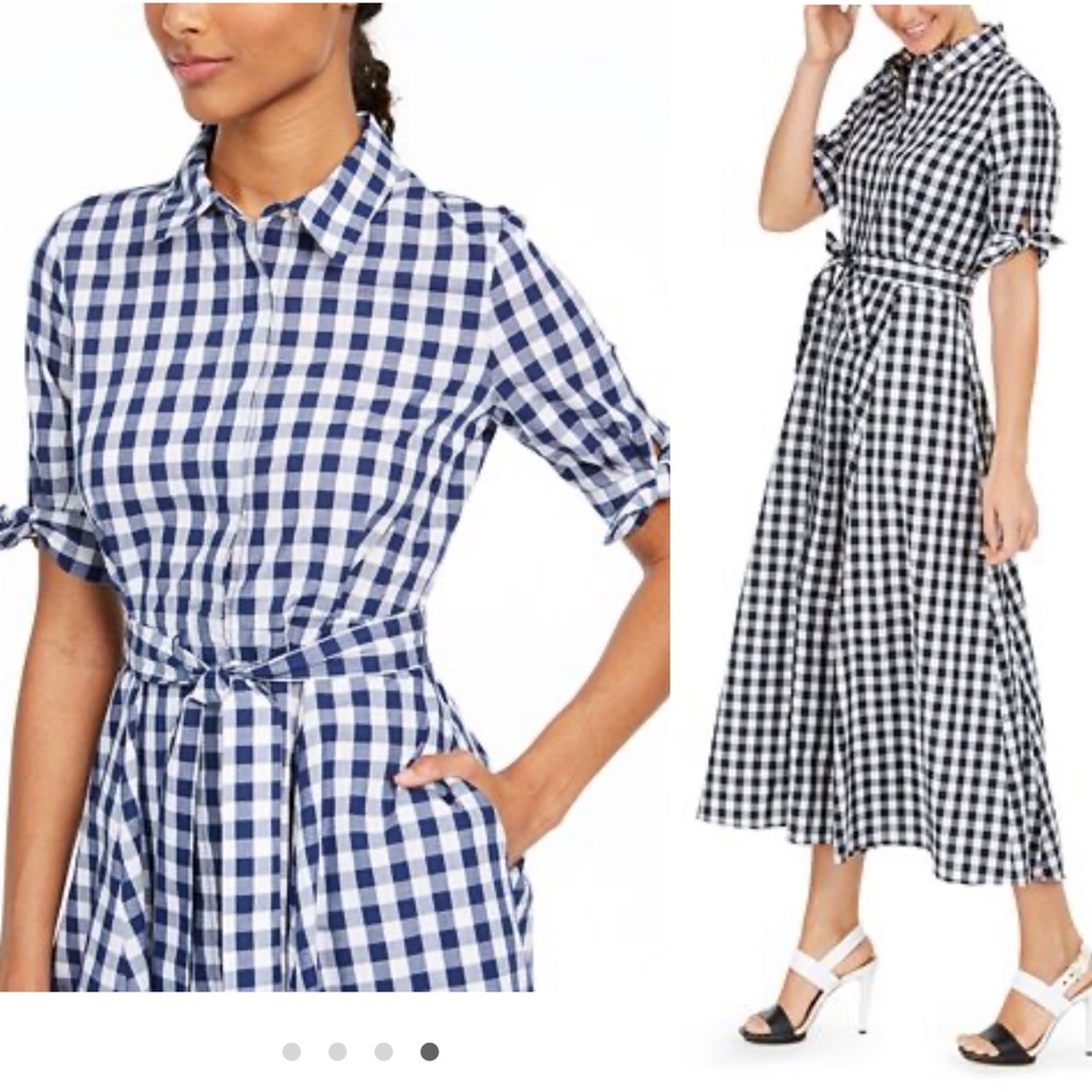 NWT Calvin Klein Blue and White Gingham Midi Dress